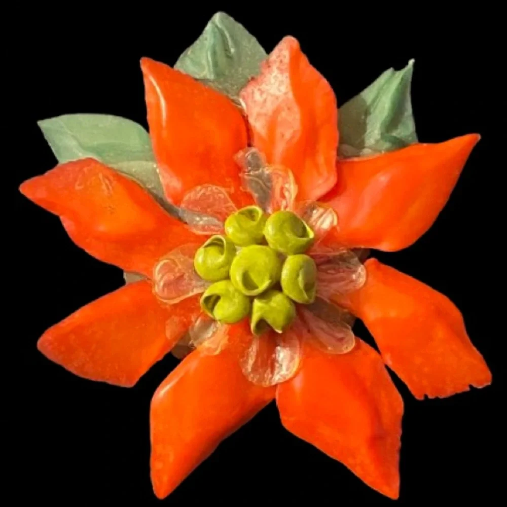 Vintage Hand Made Christmas Poinsettia Flower Brooch Matching Screw Back Earring